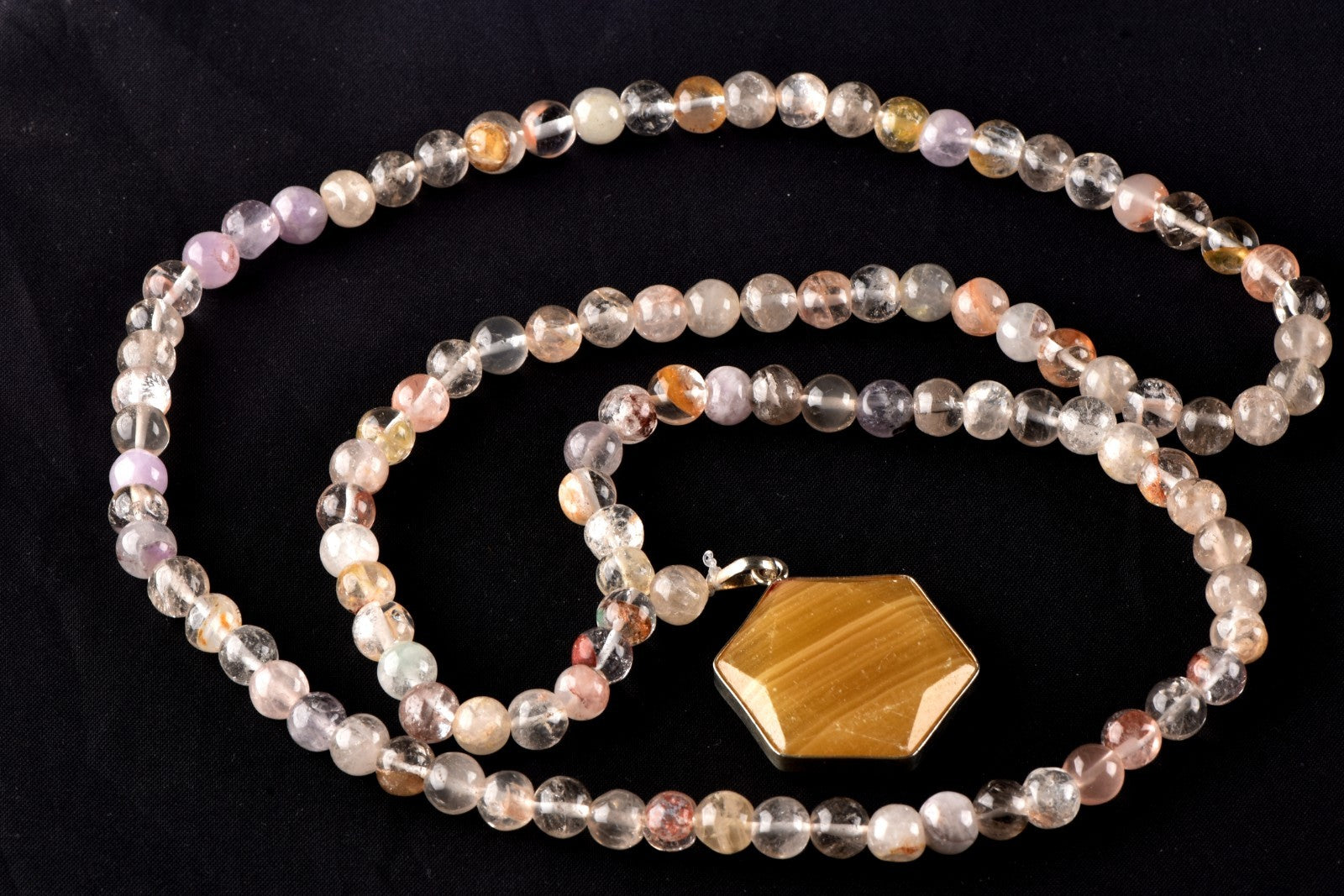 satyaloka agnitite mix healing beads +sacred  hexagonal pendant mala # 8295