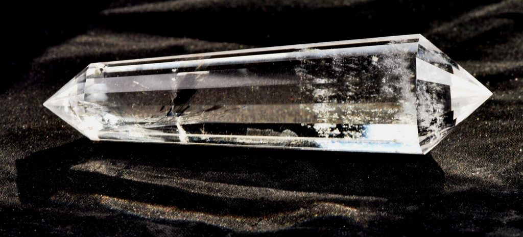Satyaloka quartz  rainbow devic  double terminated vogel  16 sided wand 7438