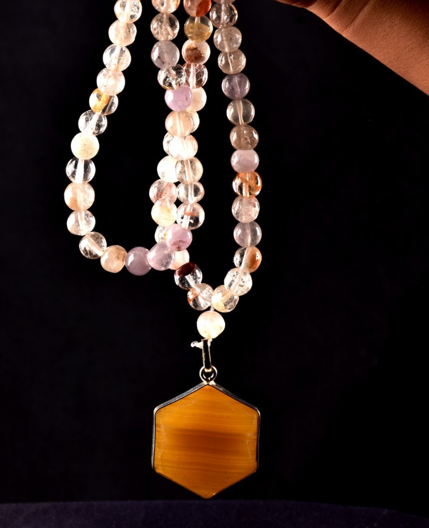 satyaloka agnitite mix healing beads +sacred  hexagonal pendant mala # 8295