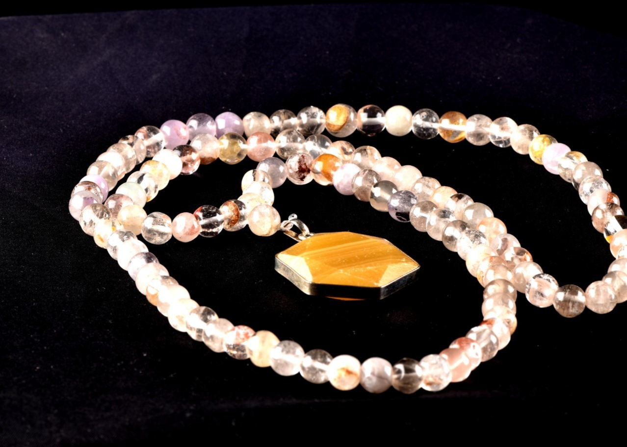 satyaloka agnitite mix healing beads +sacred  hexagonal pendant mala # 8295