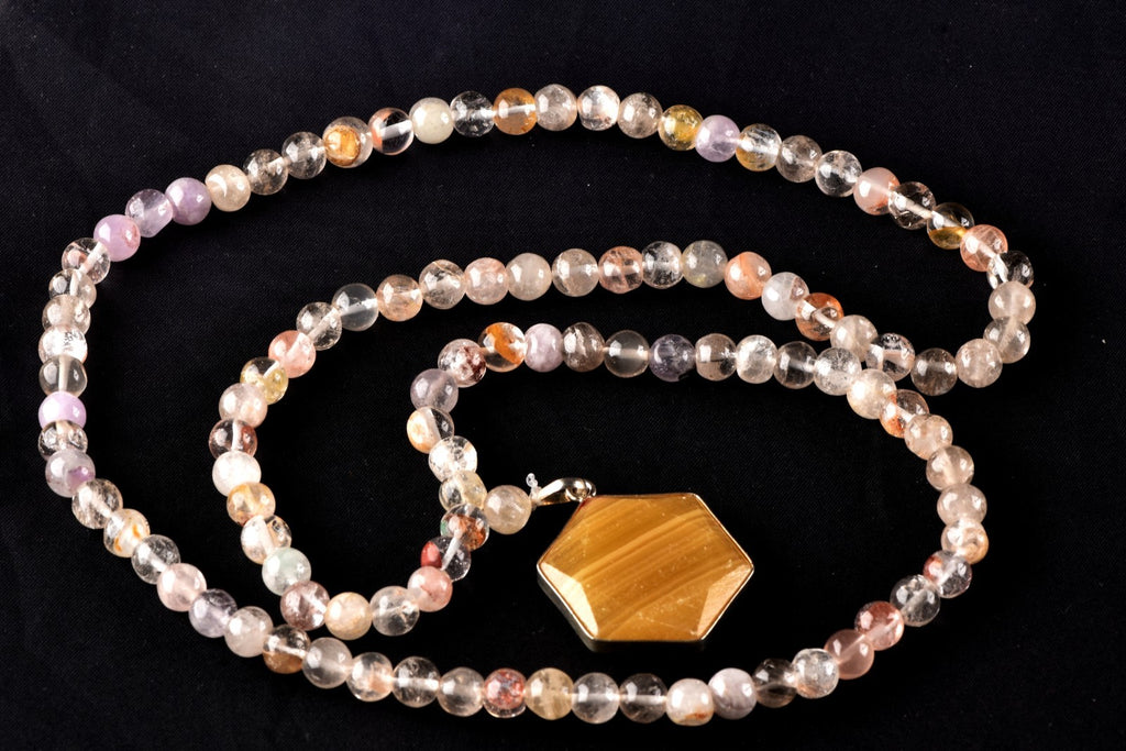 satyaloka agnitite mix healing beads +sacred  hexagonal pendant mala # 8295