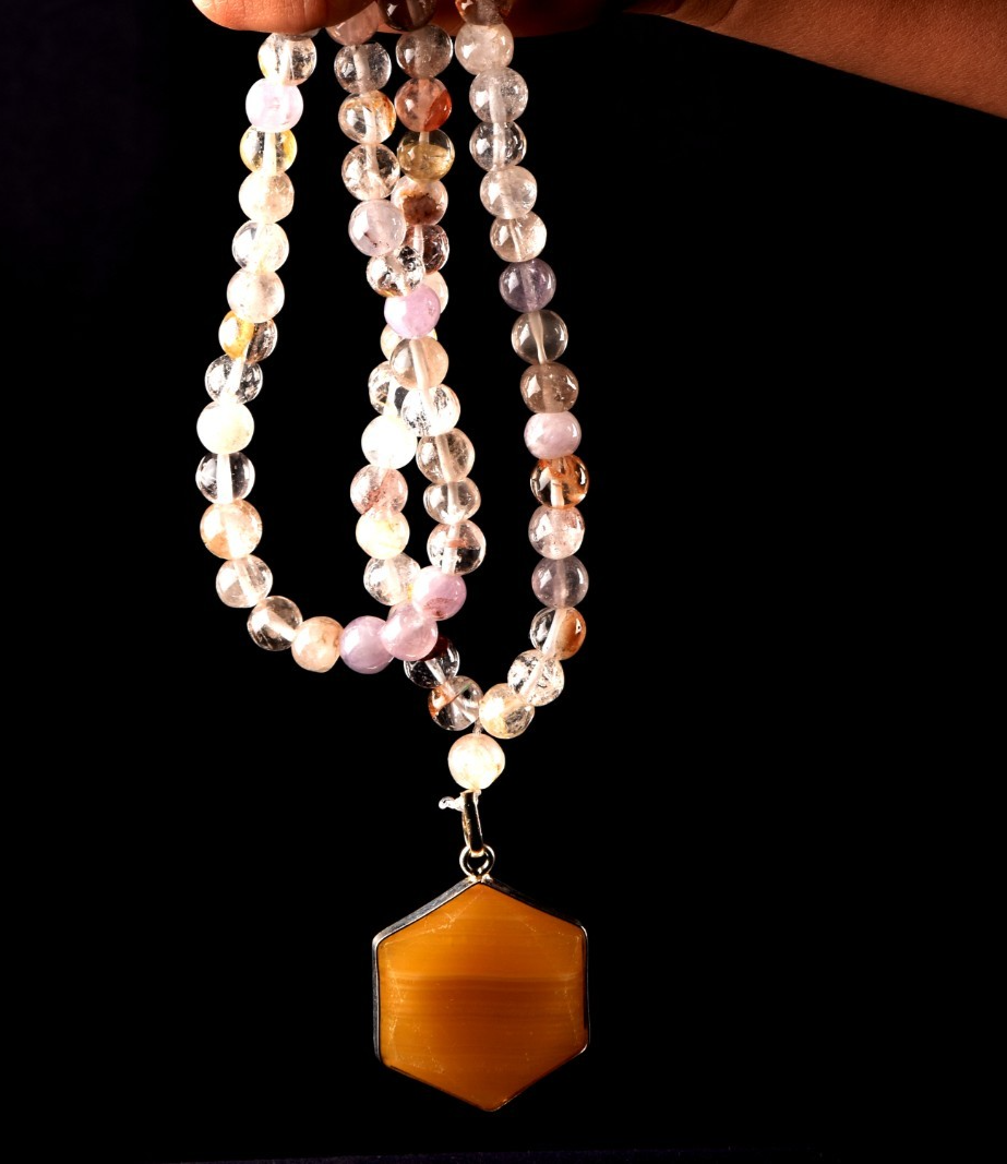satyaloka agnitite mix healing beads +sacred  hexagonal pendant mala # 8295