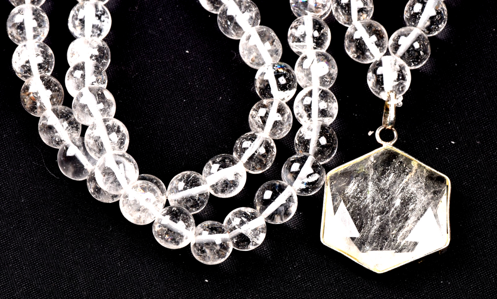 satyaloka  Azeztullite 108 beads rosary +satyaloka hexagonal pendant mala # 8154