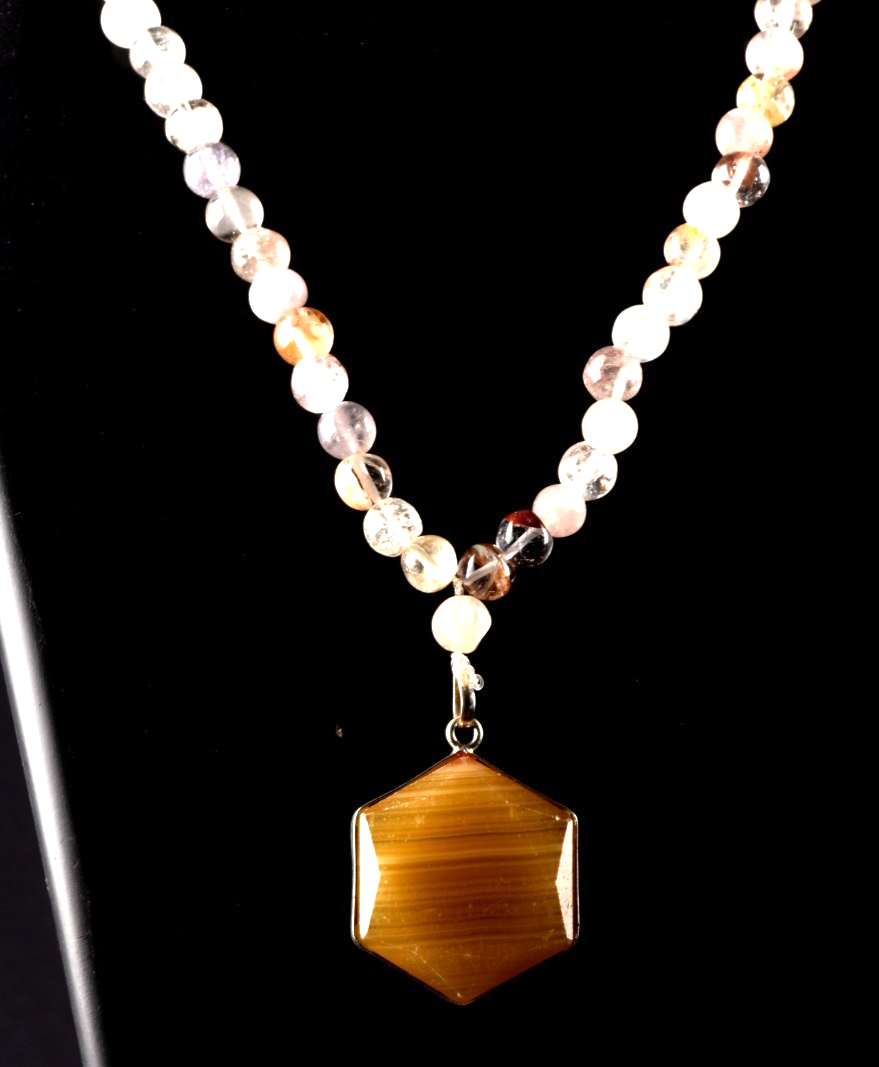 satyaloka agnitite mix healing beads +sacred  hexagonal pendant mala # 8295
