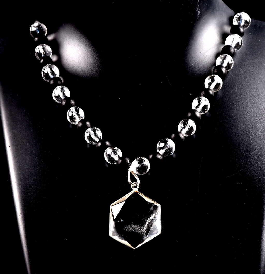 satyaloka   10 mm faceted +karungali necklace with Hexagonal Star 8077
