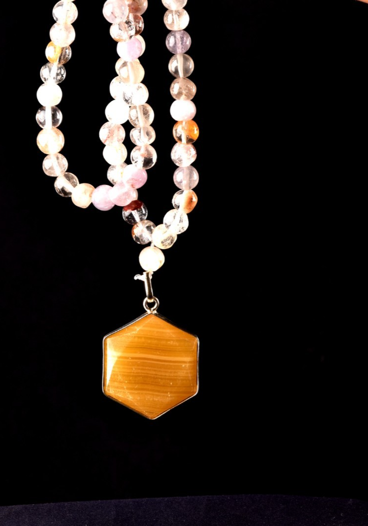 satyaloka agnitite mix healing beads +sacred  hexagonal pendant mala # 8295