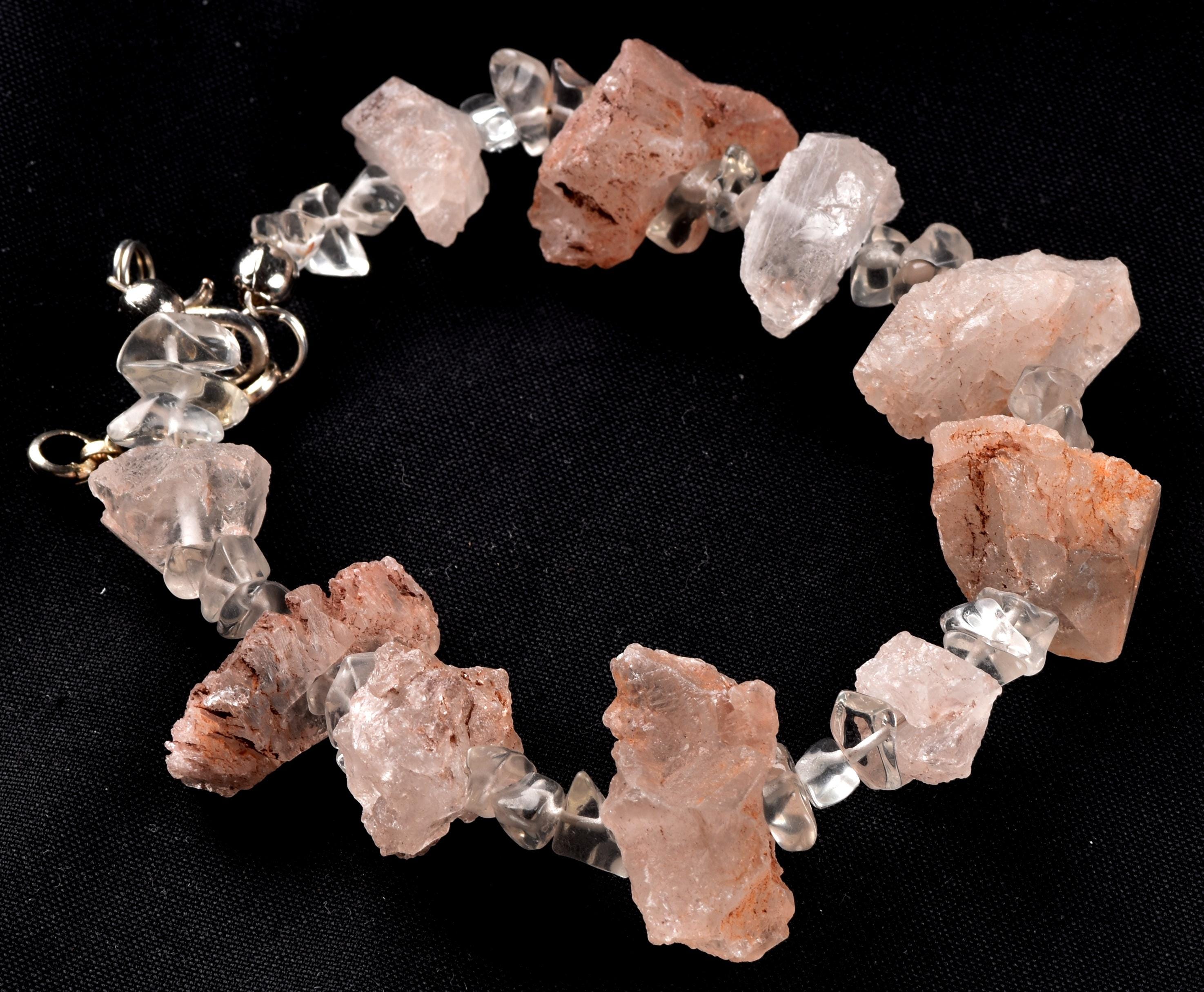 Nirvana pink ice quartz trigonic, himalayan high altitude growth interference crystal with satyaloka azeztulite  beads  bracelet# 7076