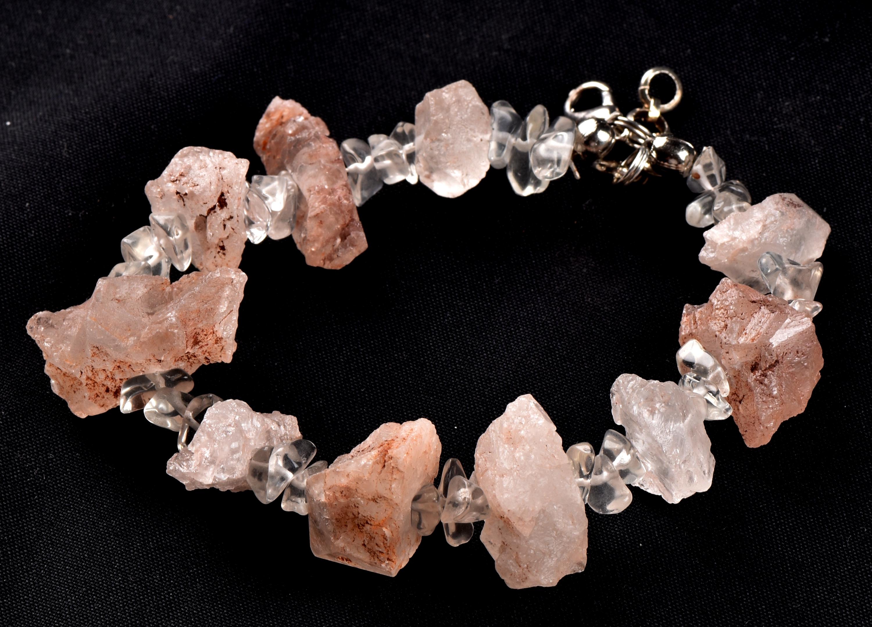 Nirvana pink ice quartz trigonic, himalayan high altitude growth interference crystal with satyaloka azeztulite  beads  bracelet# 7076