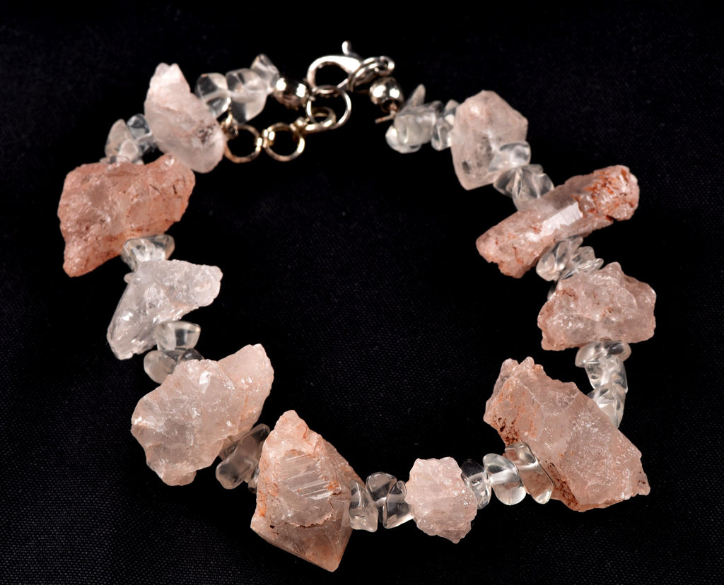 Nirvana pink ice quartz trigonic, himalayan high altitude growth interference crystal with satyaloka azeztulite  beads  bracelet# 7076