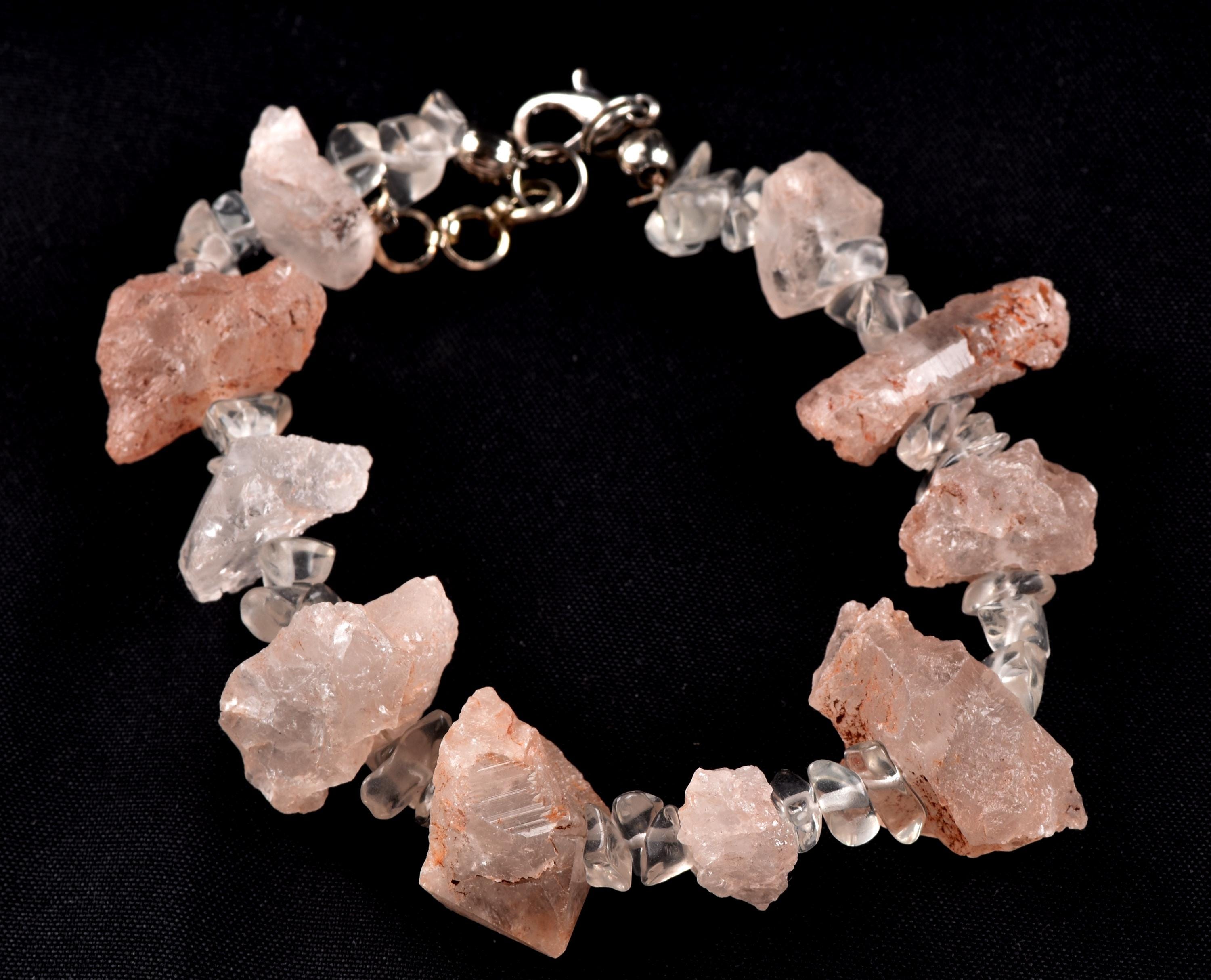 Nirvana pink ice quartz trigonic, himalayan high altitude growth interference crystal with satyaloka azeztulite  beads  bracelet# 7076
