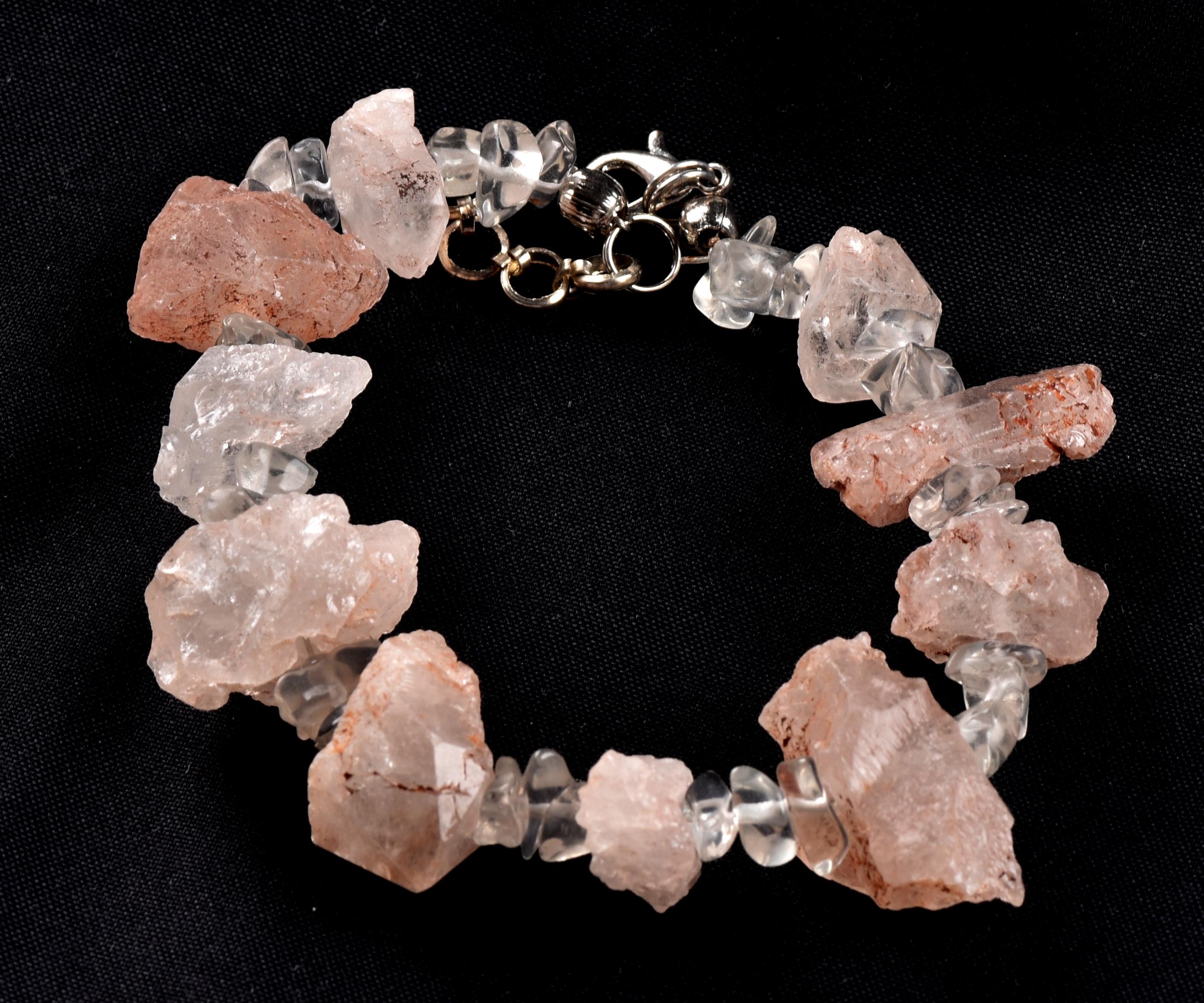 Nirvana pink ice quartz trigonic, himalayan high altitude growth interference crystal with satyaloka azeztulite  beads  bracelet# 7076