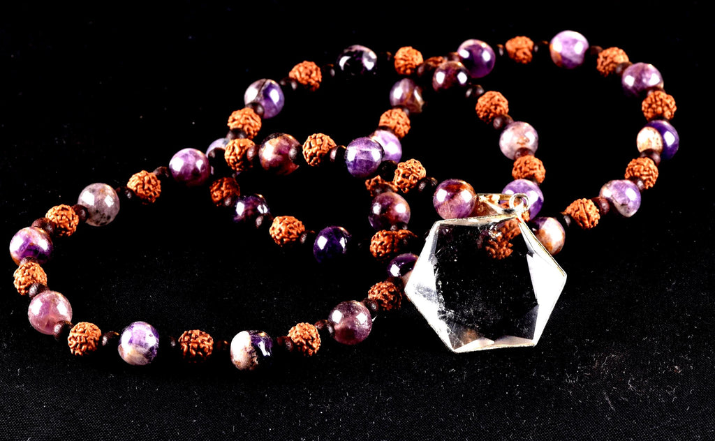 Super seven 7 melody stone necklace with red sandalwood/rudrakha beads with satyaloka hexagonal pendant sacred geometry 7084