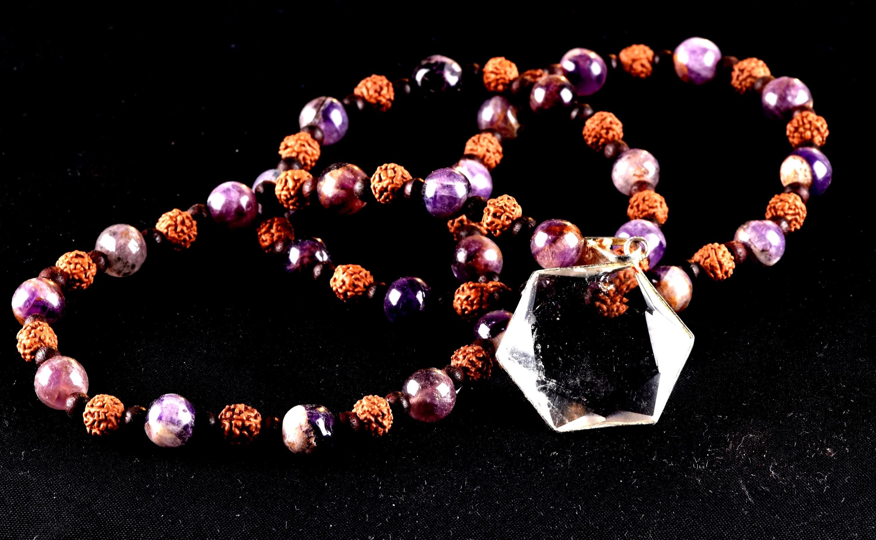Super seven 7 melody stone necklace with red sandalwood/rudrakha beads with satyaloka hexagonal pendant sacred geometry 7084