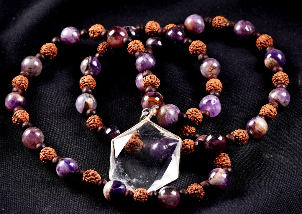 Super seven 7 melody stone necklace with red sandalwood/rudrakha beads with satyaloka hexagonal pendant sacred geometry 7084