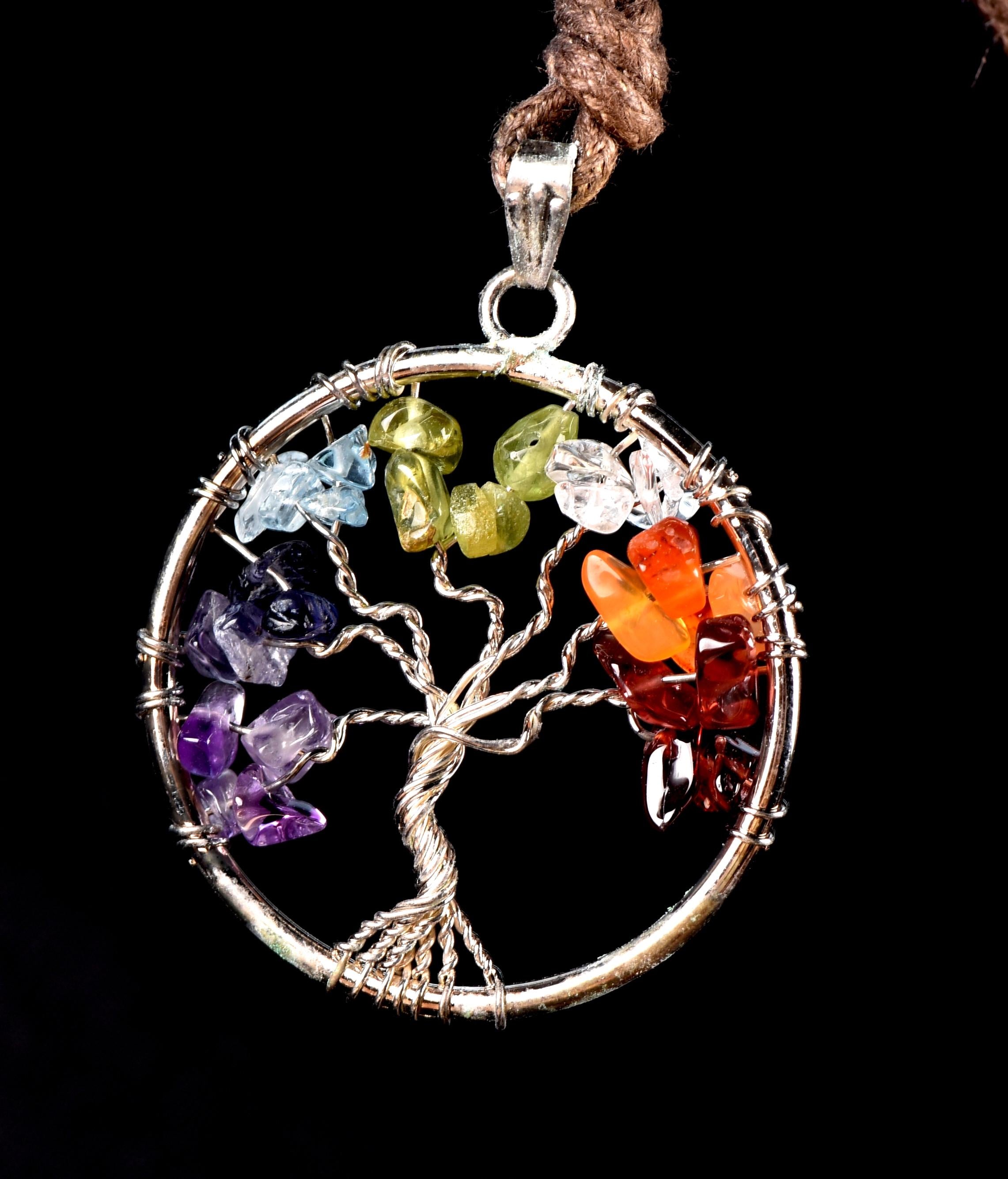 Satyaloka  ,multi gem tree of life pendant with cotton cord # 7759