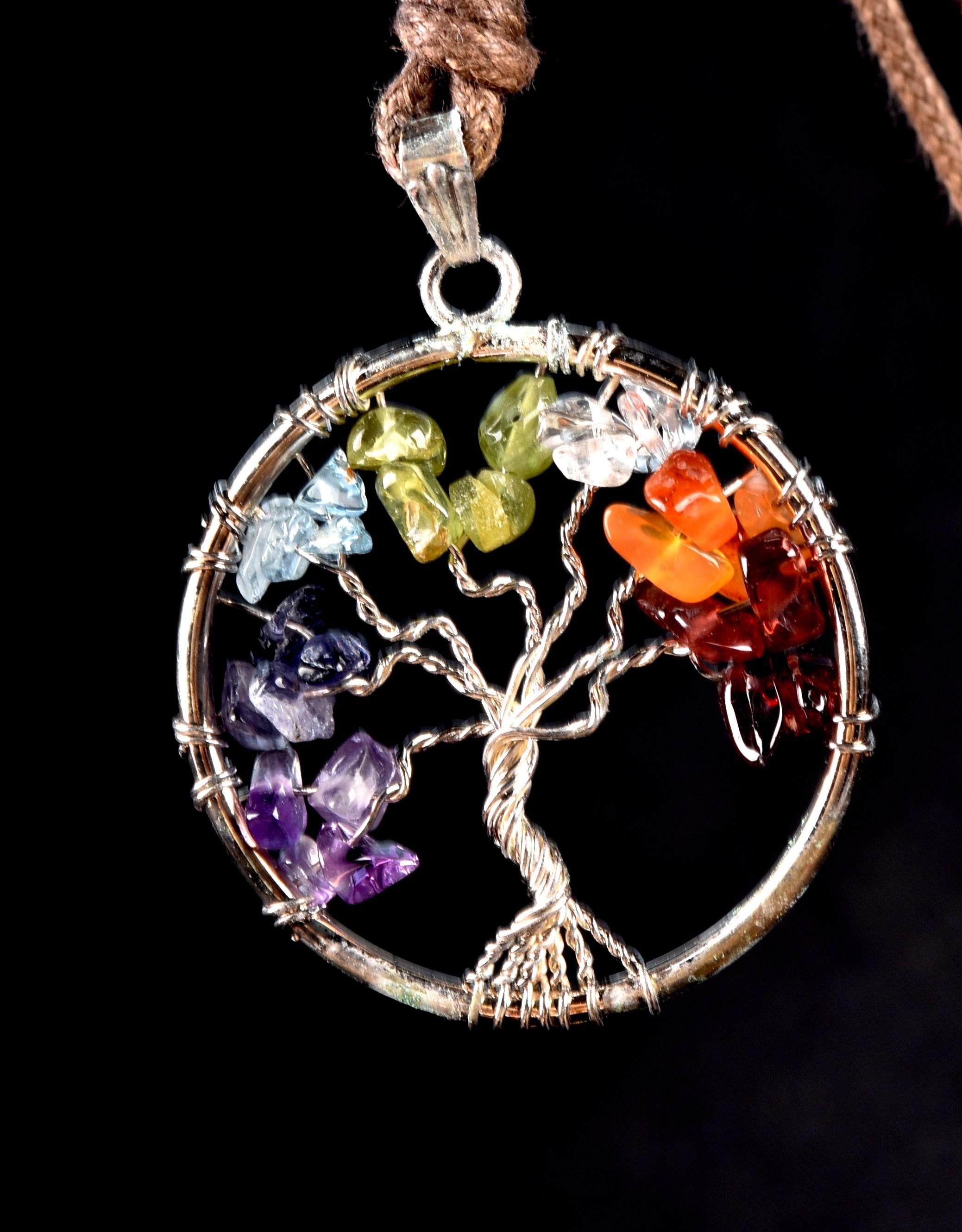 Satyaloka  ,multi gem tree of life pendant with cotton cord # 7759