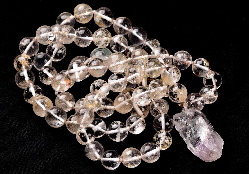 Satyaloka ,golden healer  beads necklace with satyaloka amethyst hue  pendant  synergy 12  #7775