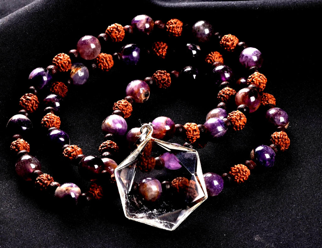 Super seven 7 melody stone necklace with red sandalwood/rudrakha beads with satyaloka hexagonal pendant sacred geometry 7084
