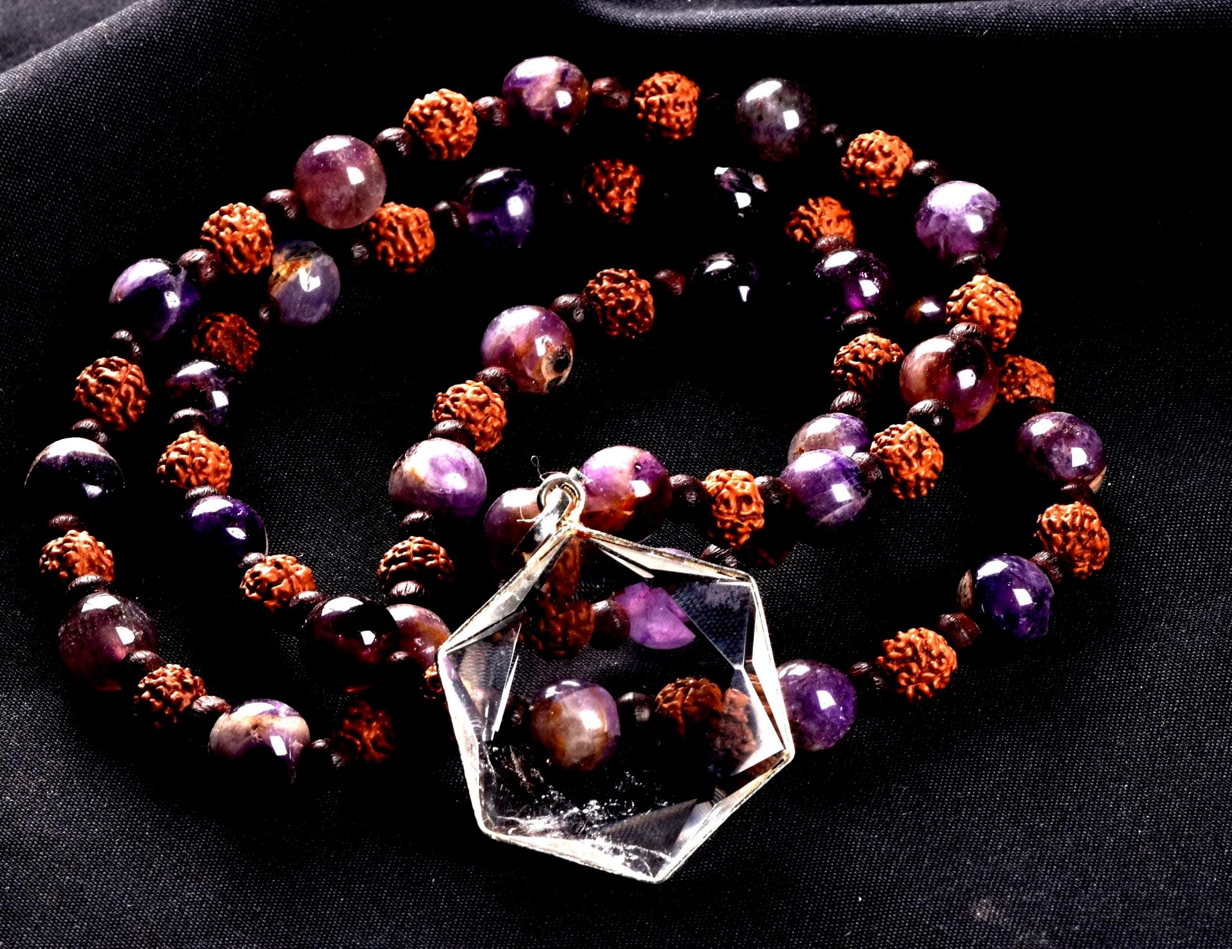 Super seven 7 melody stone necklace with red sandalwood/rudrakha beads with satyaloka hexagonal pendant sacred geometry 7084