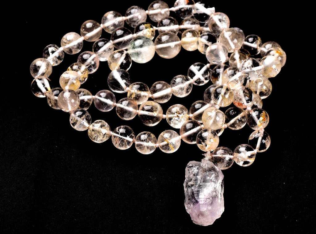 Satyaloka ,golden healer  beads necklace with satyaloka amethyst hue  pendant  synergy 12  #7775