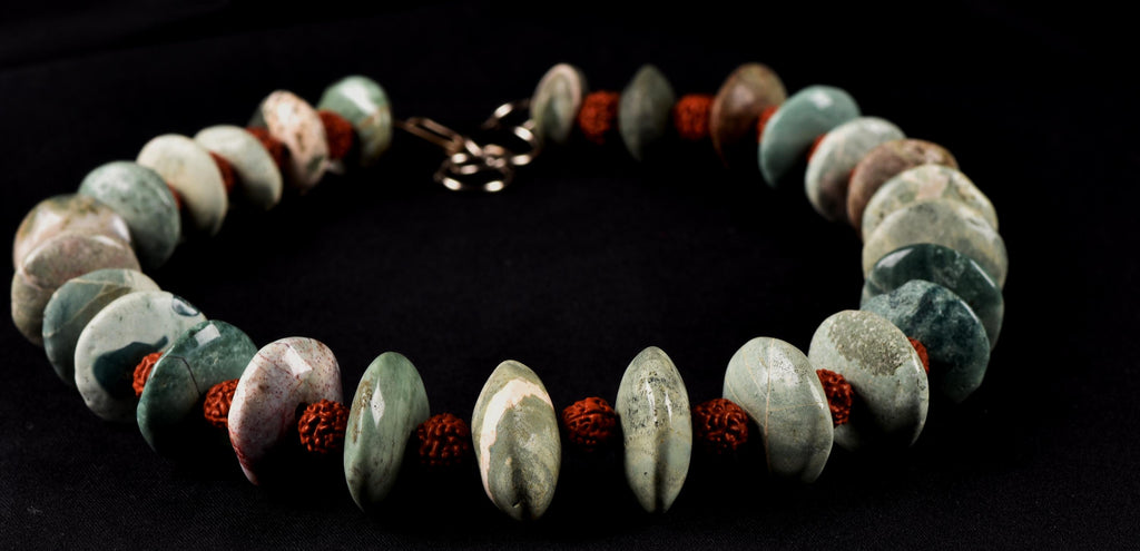 turquoise beads, courage creativity + rudraksha  16'' necklace  # 7890