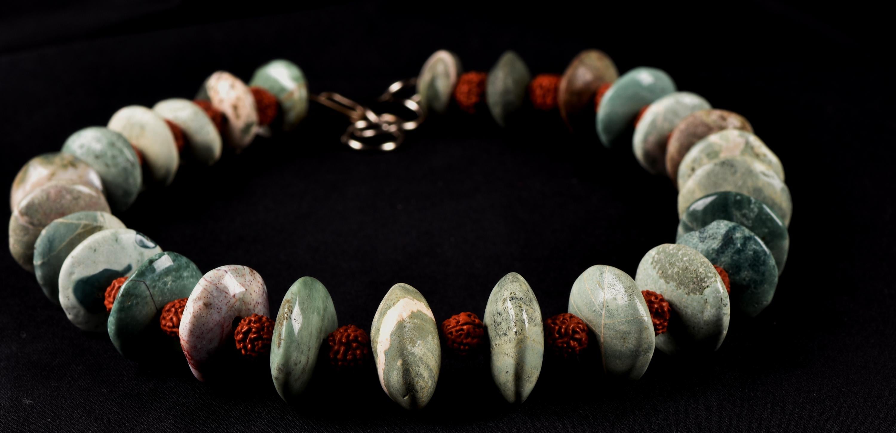 turquoise beads, courage creativity + rudraksha  16'' necklace  # 7890