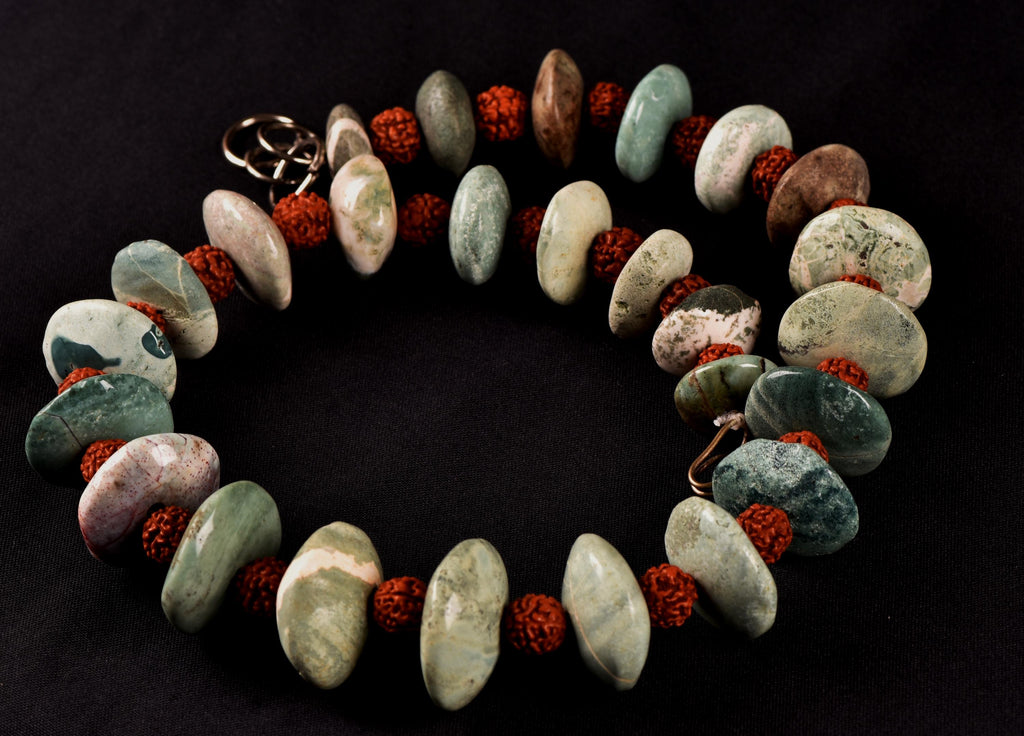 turquoise beads, courage creativity + rudraksha  16'' necklace  # 7890