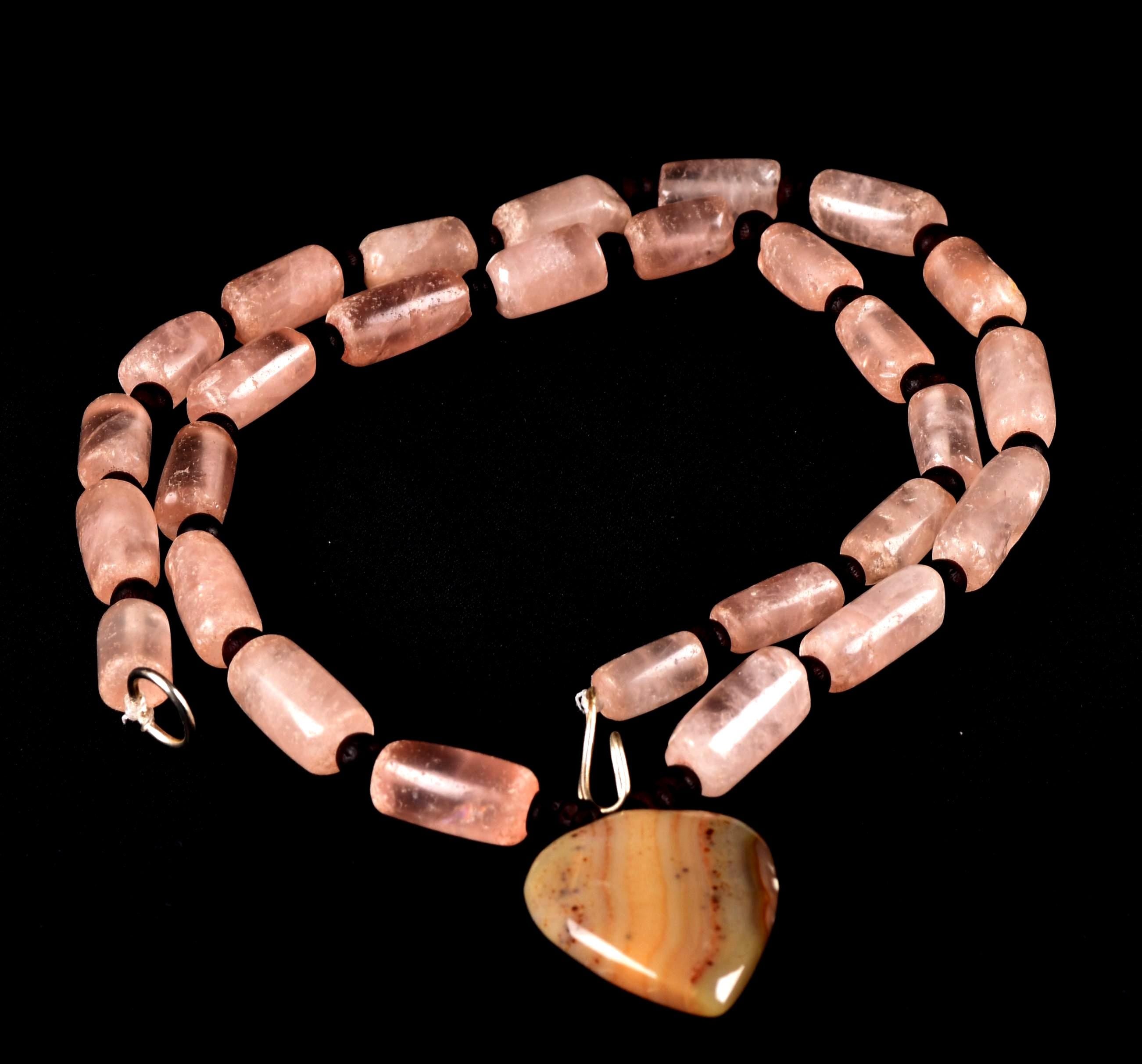 Rose quartz  vintage tube beads of universal love 19 inch love necklace #7891