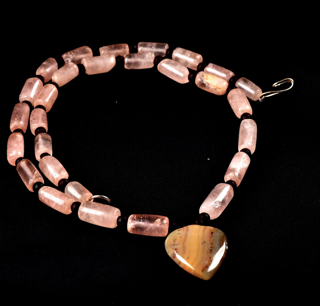 Rose quartz  vintage tube beads of universal love 19 inch love necklace #7891