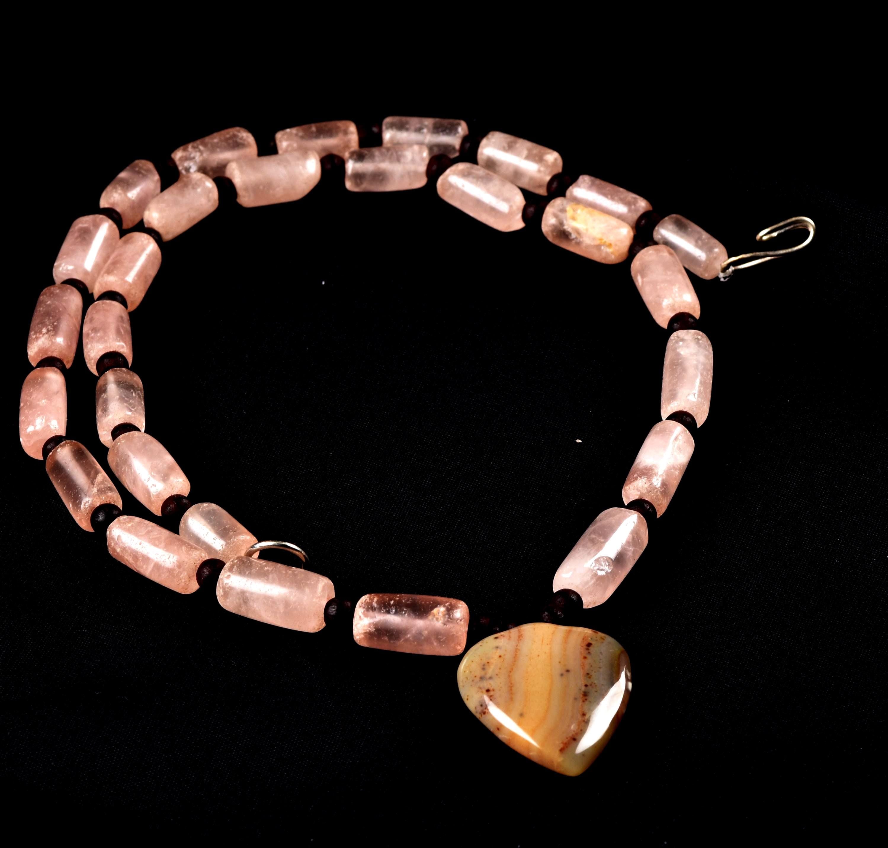 Rose quartz  vintage tube beads of universal love 19 inch love necklace #7891