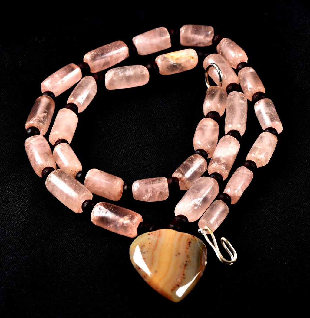 Rose quartz  vintage tube beads of universal love 19 inch love necklace #7891