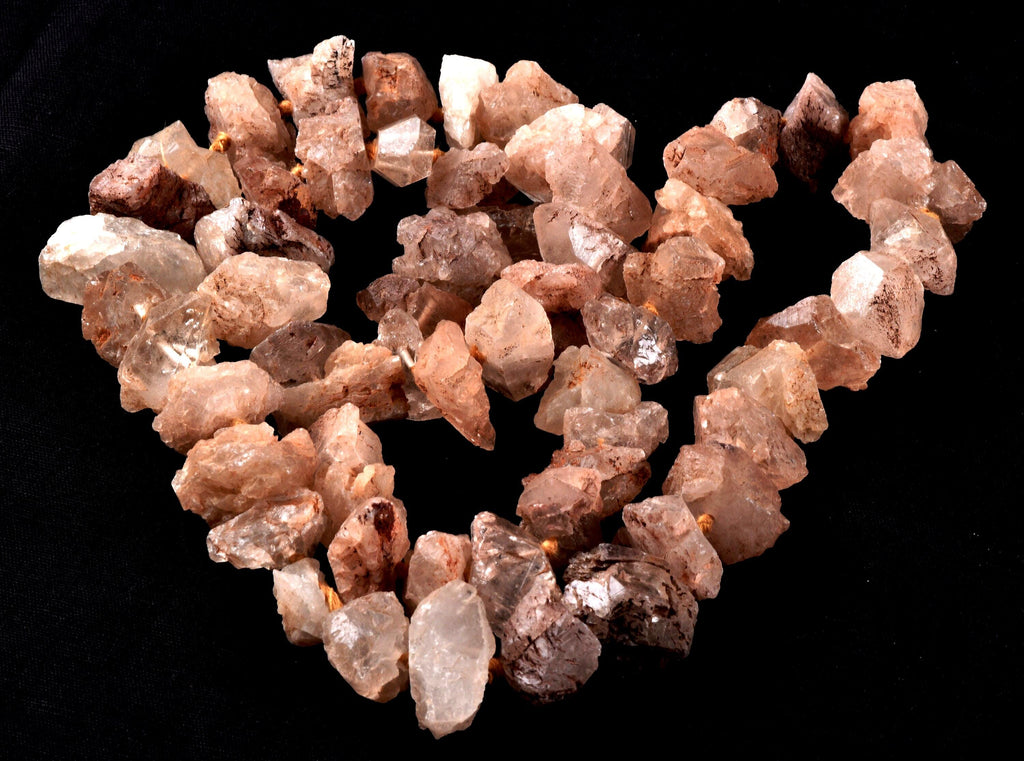 Nirvana pink ice quartz trigonic, himalayan high altitude growth interference crystal 26 inch 60 beads Necklace #7919
