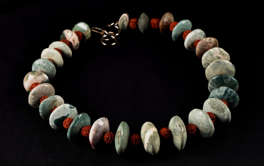 turquoise beads, courage creativity + rudraksha  16'' necklace  # 7890