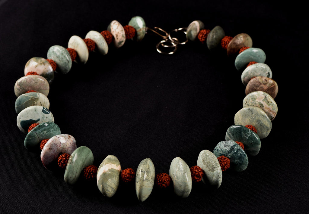 turquoise beads, courage creativity + rudraksha  16'' necklace  # 7890
