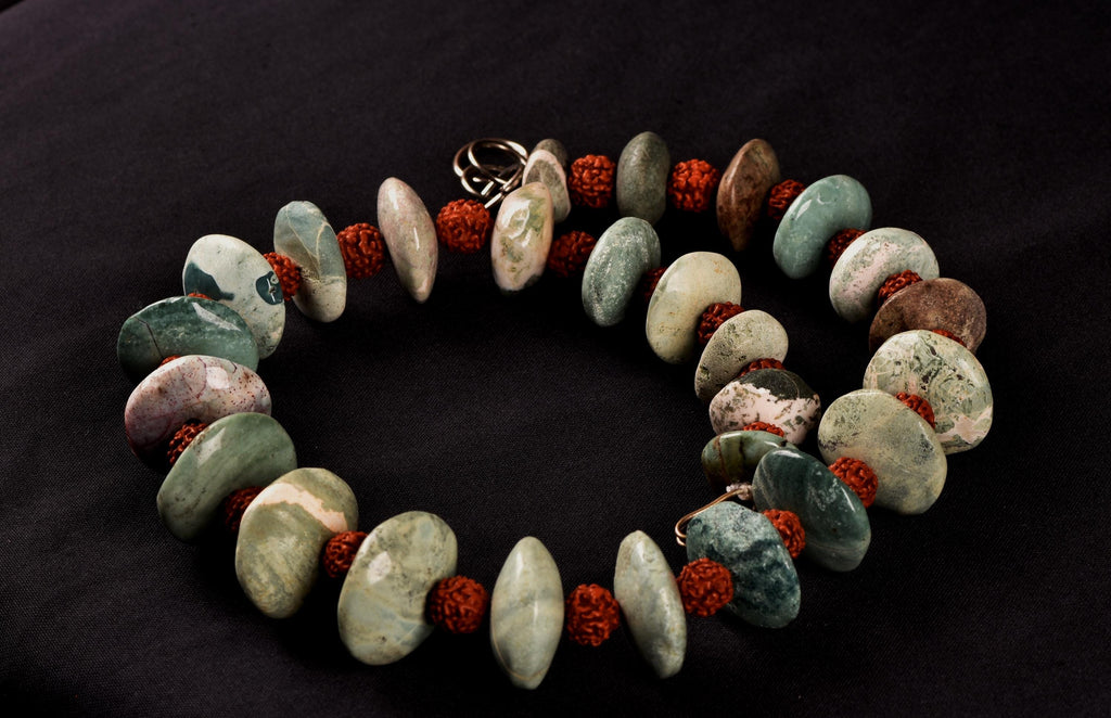 turquoise beads, courage creativity + rudraksha  16'' necklace  # 7890