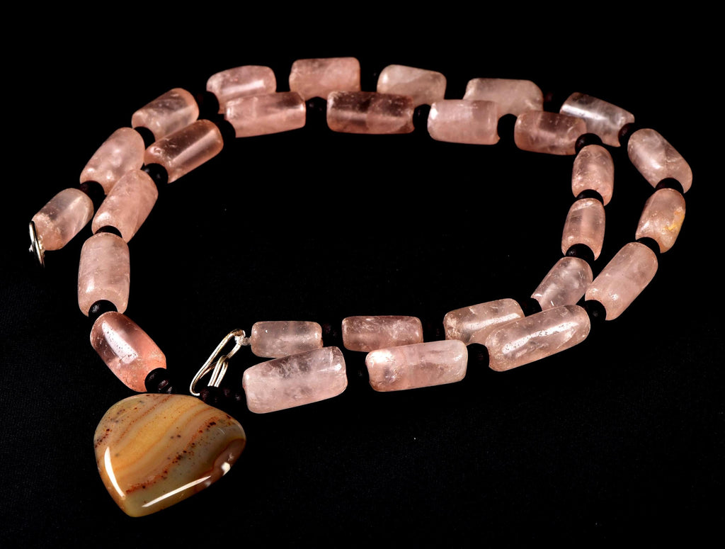 Rose quartz  vintage tube beads of universal love 19 inch love necklace #7891