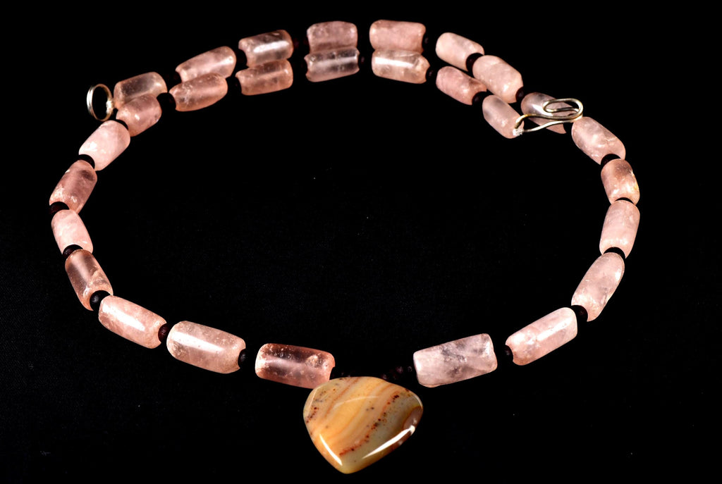 Rose quartz  vintage tube beads of universal love 19 inch love necklace #7891