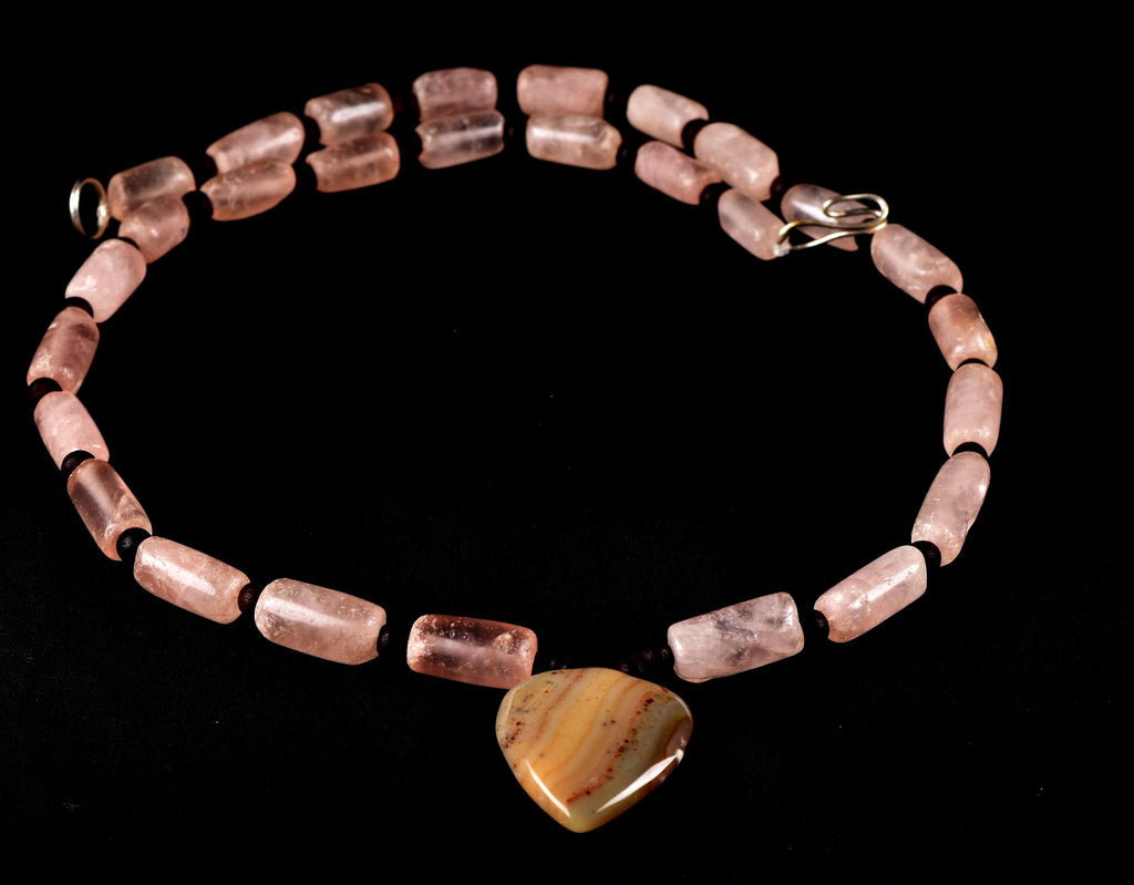 Rose quartz  vintage tube beads of universal love 19 inch love necklace #7891