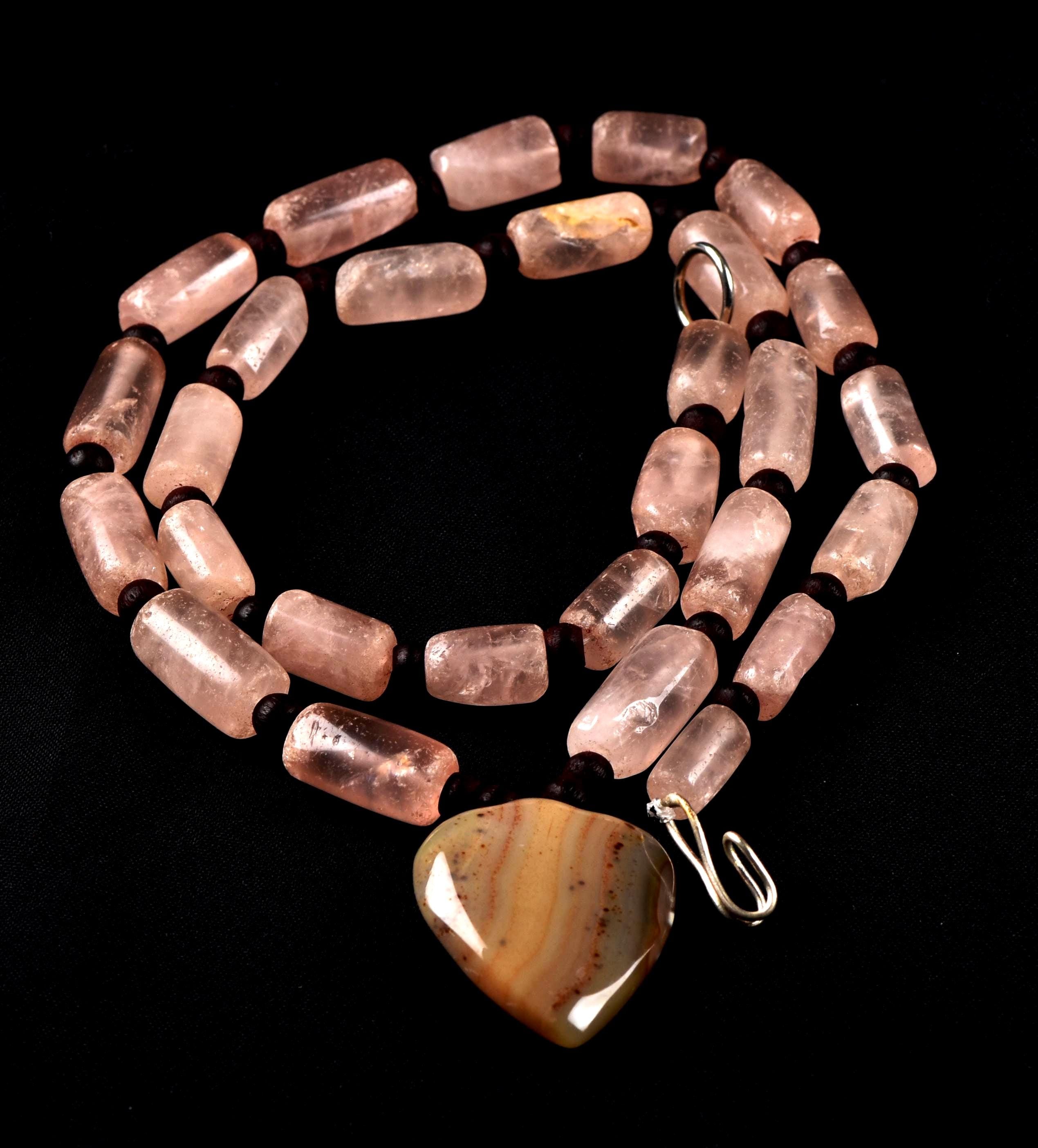 Rose quartz  vintage tube beads of universal love 19 inch love necklace #7891