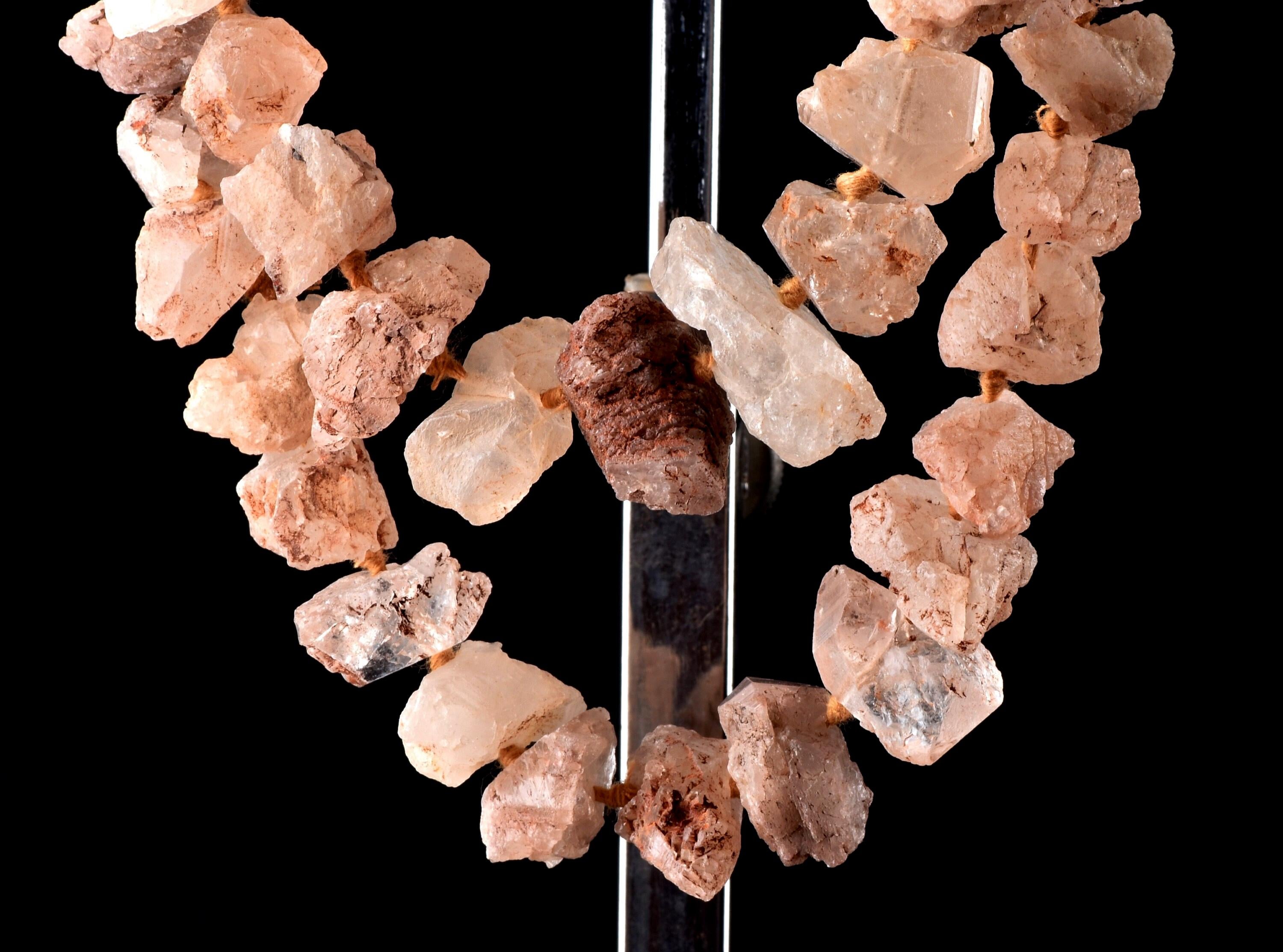 Nirvana pink ice quartz trigonic, himalayan high altitude growth interference crystal 26 inch 60 beads Necklace #7919
