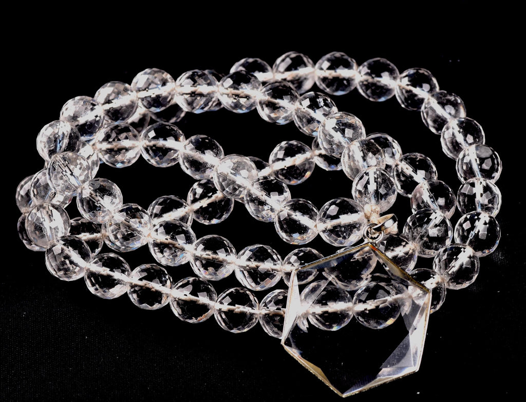 Satyaloka Quartz Necklace,10 mm Faceted Crystal Beads with Hexagonal Pendant#8071