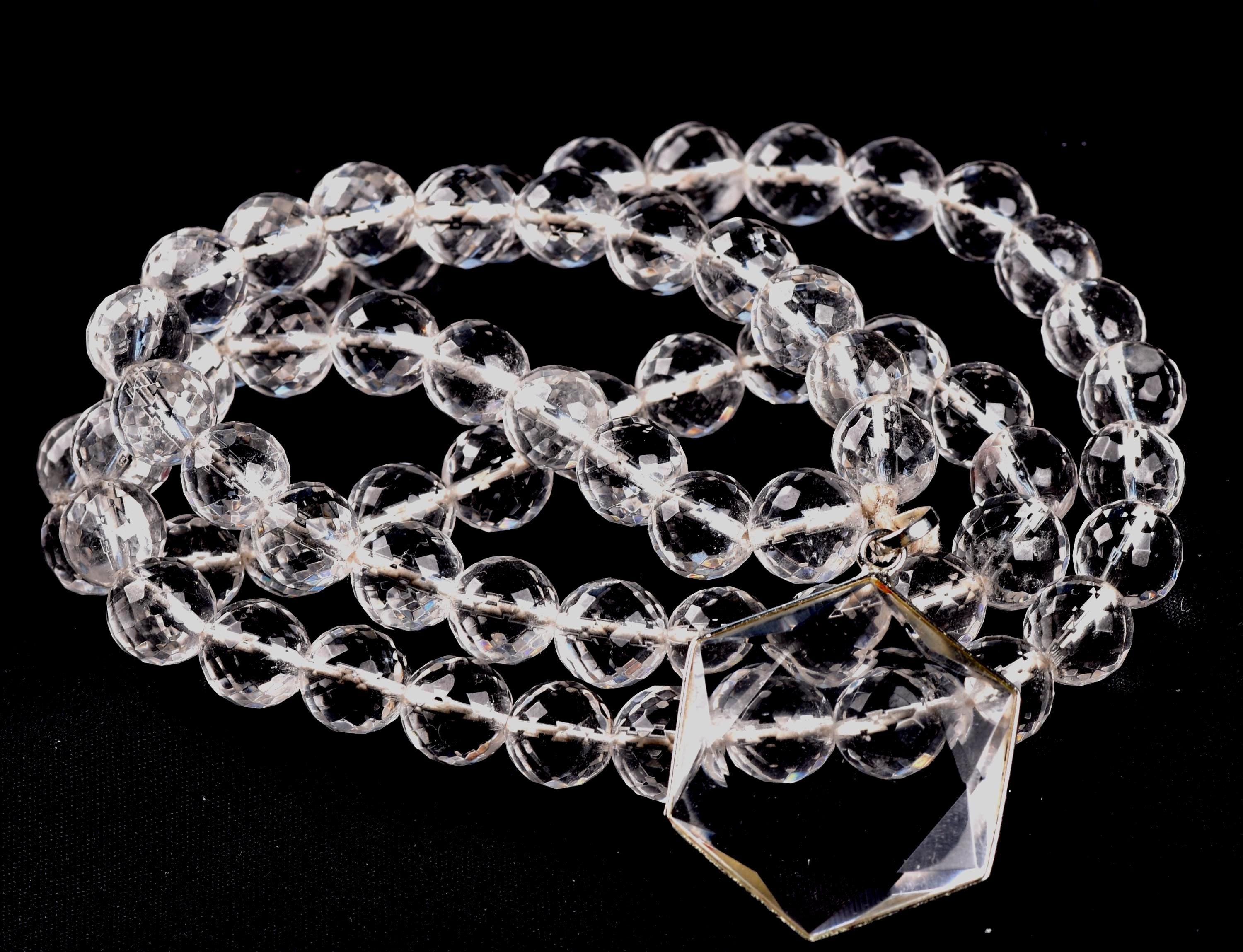 Satyaloka Quartz Necklace,10 mm Faceted Crystal Beads with Hexagonal Pendant#8071