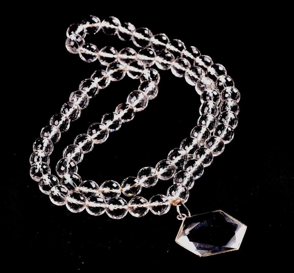 Satyaloka Quartz Necklace,10 mm Faceted Crystal Beads with Hexagonal Pendant#8071