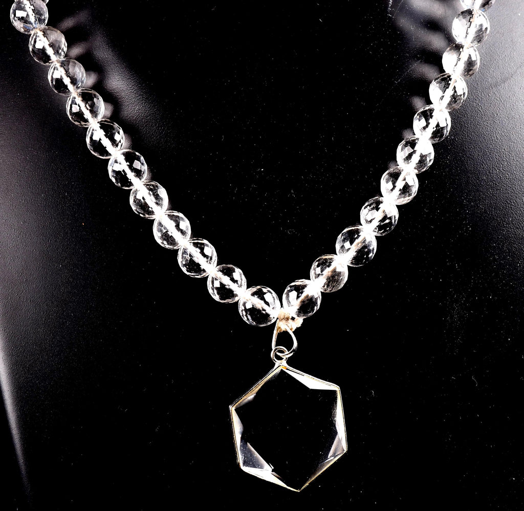 Satyaloka Quartz Necklace,10 mm Faceted Crystal Beads with Hexagonal Pendant#8071
