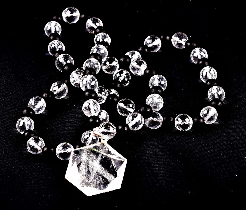Satyaloka 10 mm faceted Quartz & Karungali Bead Mala with Hexagonal Pendant#8072