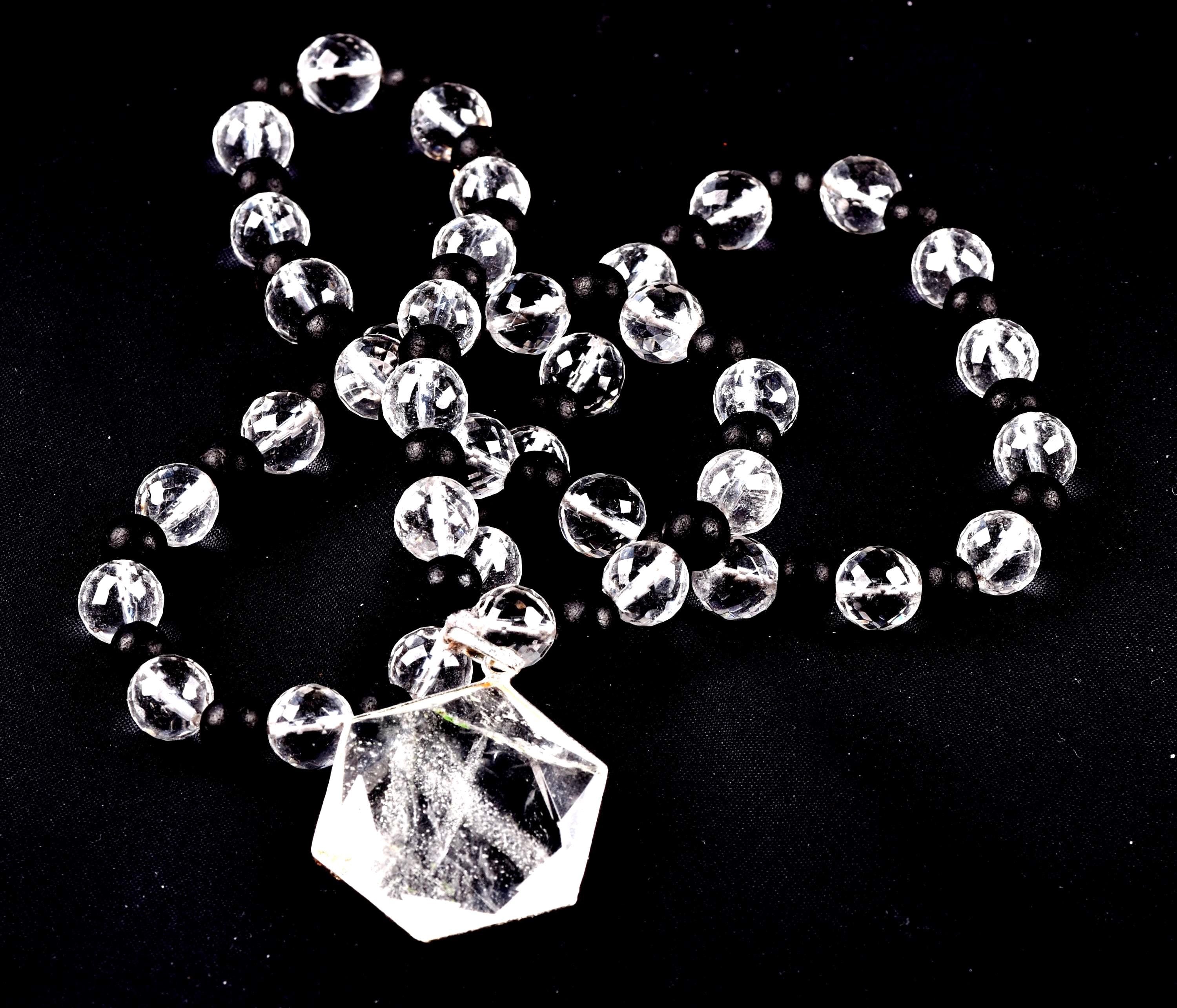 Satyaloka 10 mm faceted Quartz & Karungali Bead Mala with Hexagonal Pendant#8072