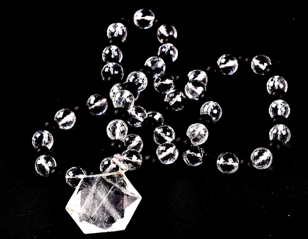 Satyaloka 10 mm faceted Quartz & Karungali Bead Mala with Hexagonal Pendant#8072