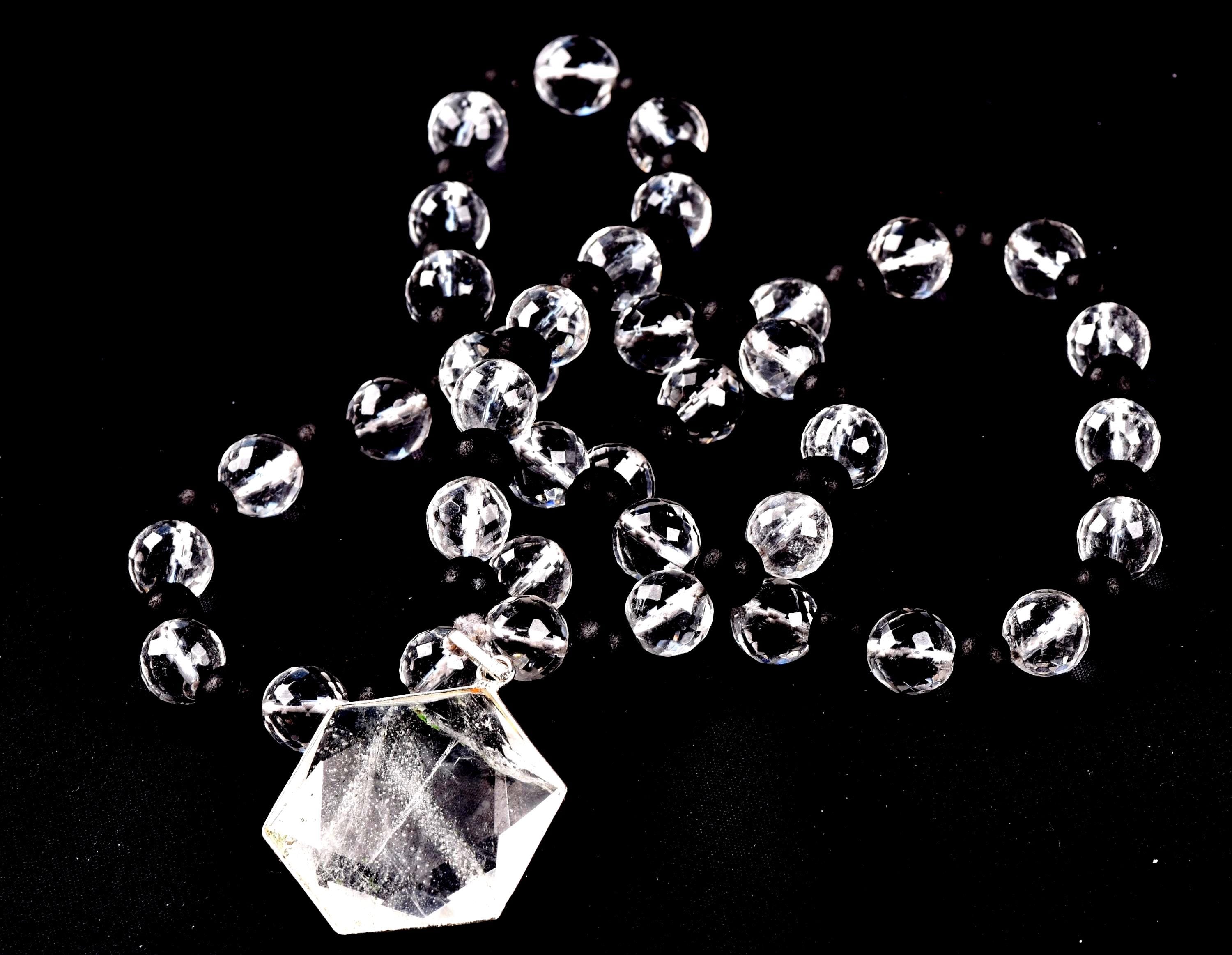 Satyaloka 10 mm faceted Quartz & Karungali Bead Mala with Hexagonal Pendant#8072