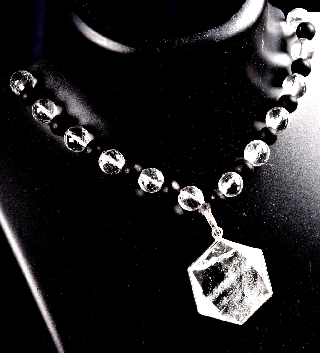 Satyaloka 10 mm faceted Quartz & Karungali Bead Mala with Hexagonal Pendant#8072