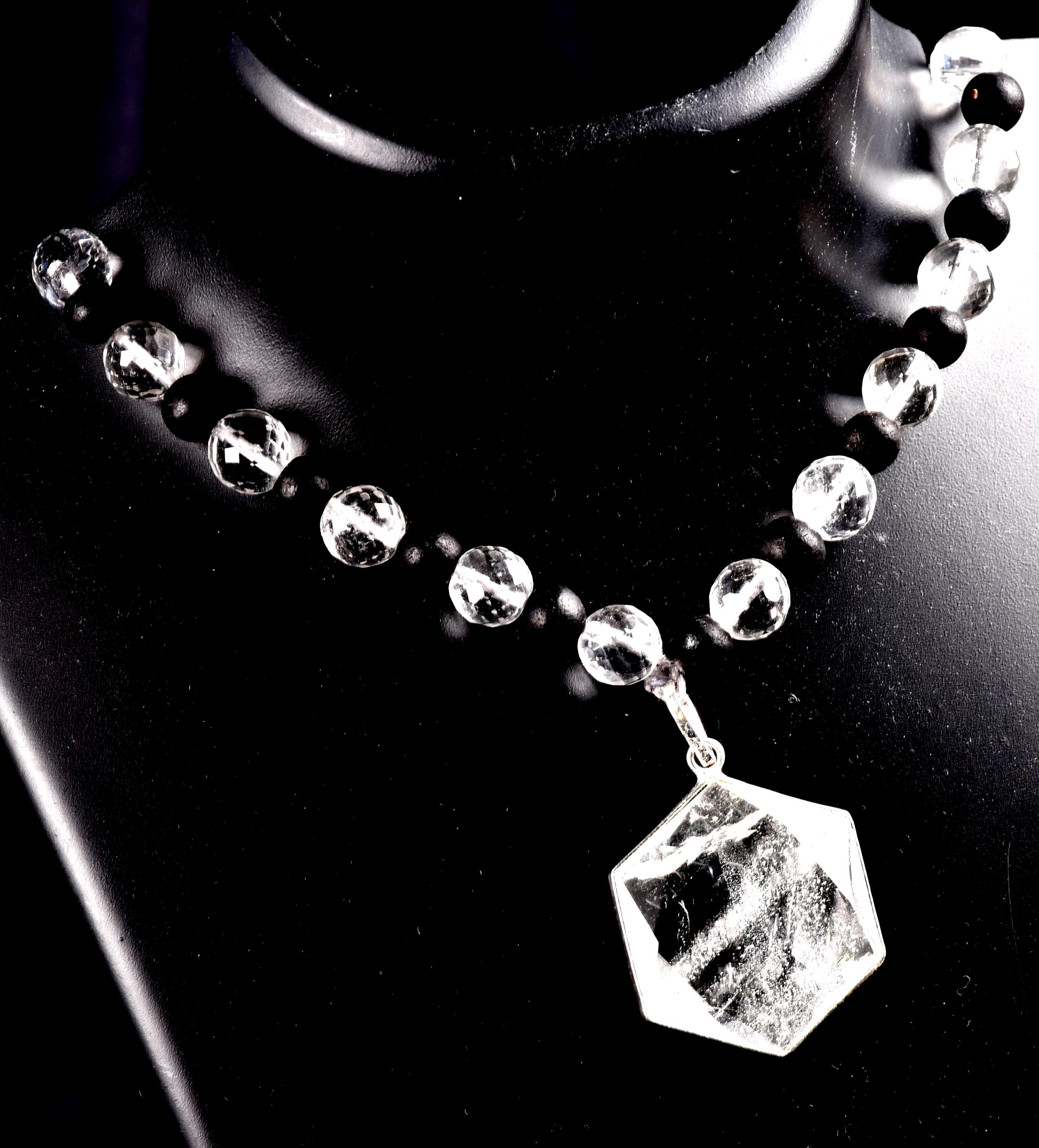 Satyaloka 10 mm faceted Quartz & Karungali Bead Mala with Hexagonal Pendant#8072